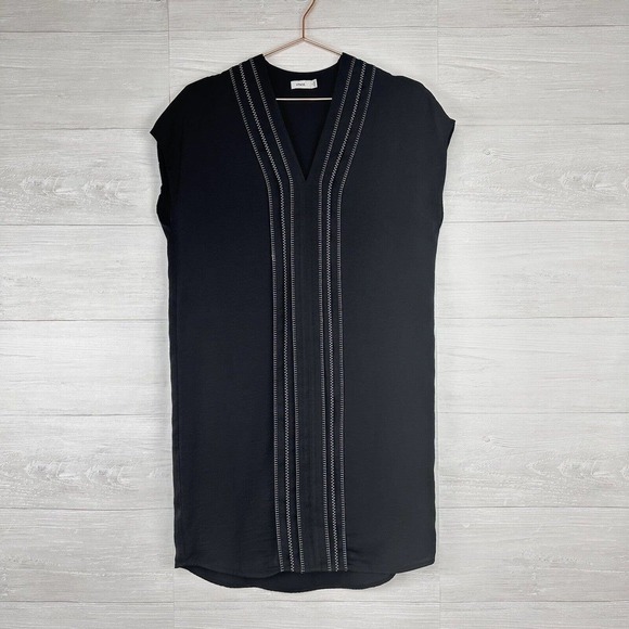 Vince Black Shift Dress Size 4 Cap Sleeve V-Neck Embroidered Pleated Front - Picture 16 of 16